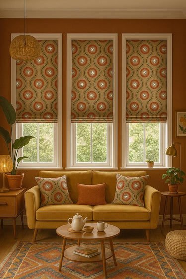 bohemian window blinds with geometric sunburst fabric in warm red gold tones cotton upholstery for vintage style interiors